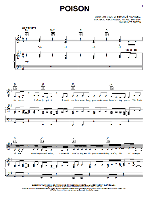 Beyonce Poison sheet music notes and chords arranged for Piano, Vocal & Guitar Chords (Right-Hand Melody)
