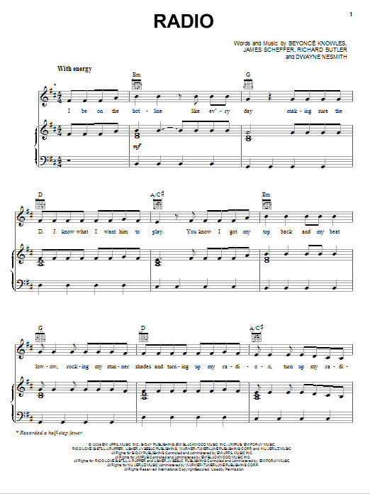 Beyonce Radio sheet music notes and chords arranged for Piano, Vocal & Guitar Chords (Right-Hand Melody)