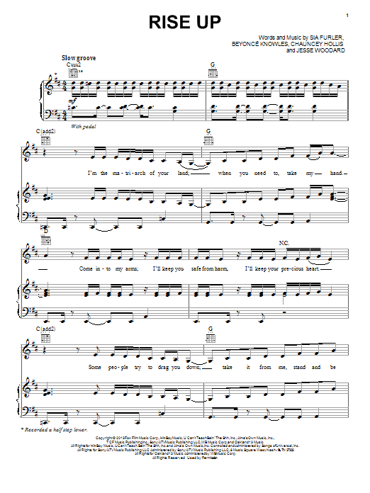 Beyonce Rise Up sheet music notes and chords arranged for Piano, Vocal & Guitar Chords (Right-Hand Melody)