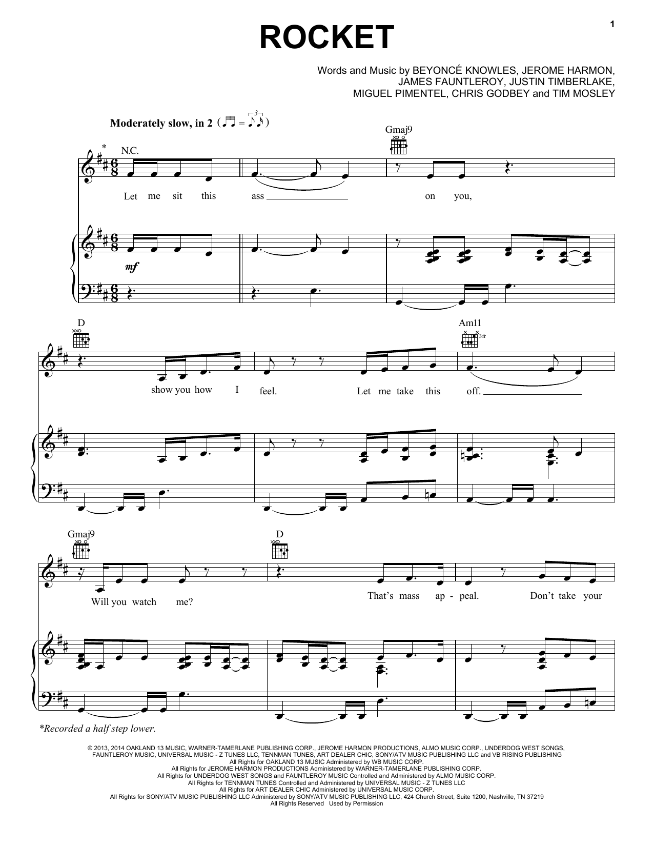 Beyoncé Rocket sheet music notes and chords arranged for Piano, Vocal & Guitar Chords (Right-Hand Melody)