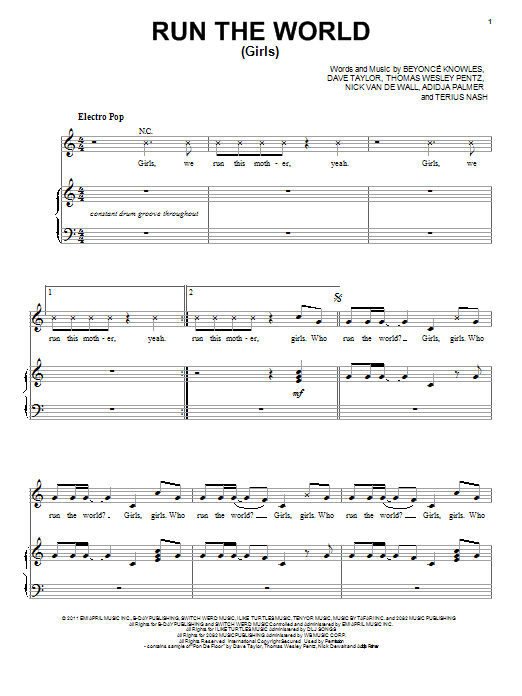 Beyoncé Run The World (Girls) sheet music notes and chords arranged for Piano, Vocal & Guitar Chords (Right-Hand Melody)