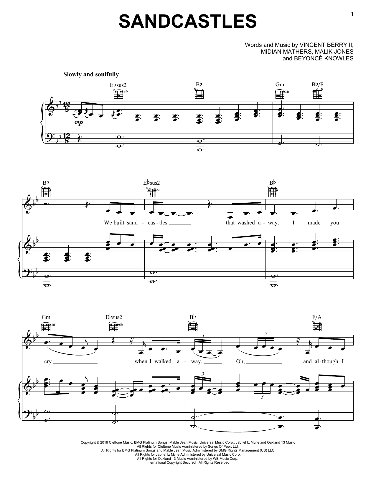 Beyoncé Sandcastles sheet music notes and chords arranged for Piano, Vocal & Guitar Chords (Right-Hand Melody)