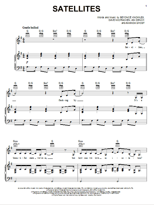 Beyonce Satellites sheet music notes and chords arranged for Piano, Vocal & Guitar Chords (Right-Hand Melody)