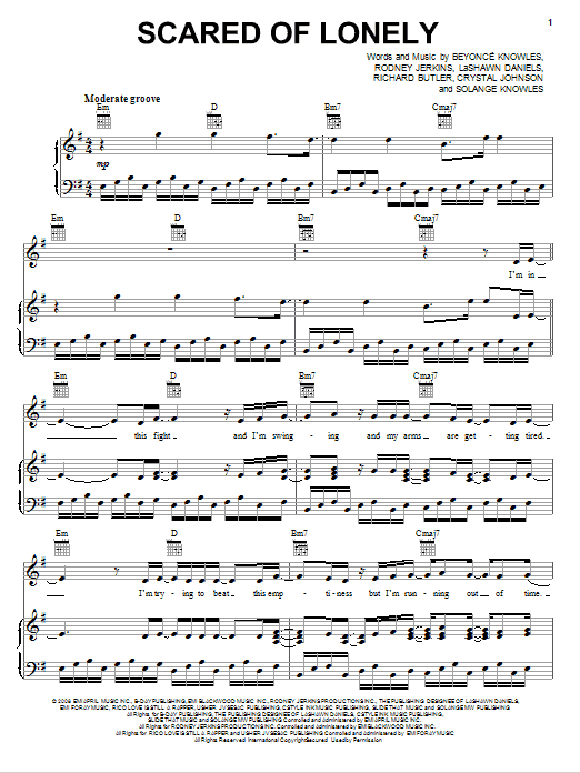 Beyonce Scared Of Lonely sheet music notes and chords arranged for Piano, Vocal & Guitar Chords (Right-Hand Melody)