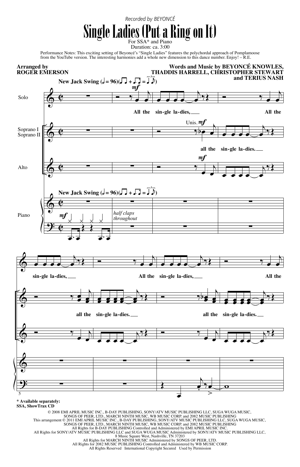 Beyoncé Single Ladies (Put A Ring On It) (arr. Roger Emerson) sheet music notes and chords arranged for SSA Choir