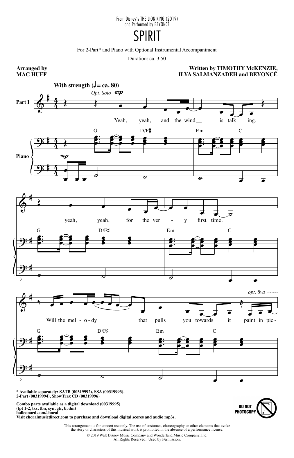 Beyonce Spirit (from The Lion King 2019) (arr. Mac Huff) sheet music notes and chords arranged for 2-Part Choir
