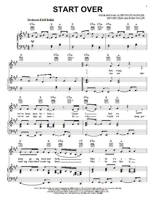 Beyoncé Start Over sheet music notes and chords arranged for Piano, Vocal & Guitar Chords (Right-Hand Melody)
