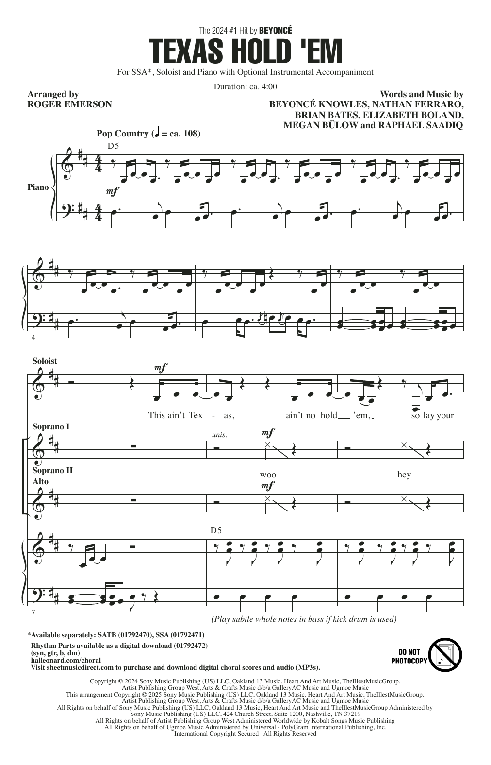Beyoncé Texas Hold 'Em (arr. Roger Emerson) sheet music notes and chords arranged for SSA Choir