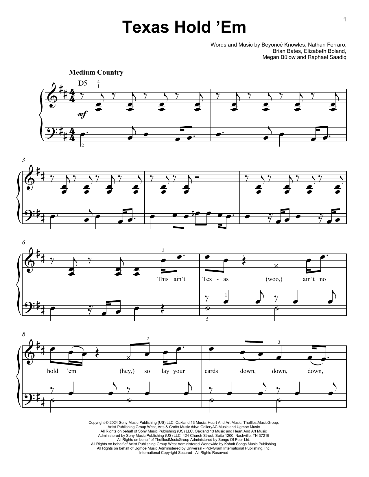 Beyoncé Texas Hold 'Em sheet music notes and chords arranged for Easy Piano
