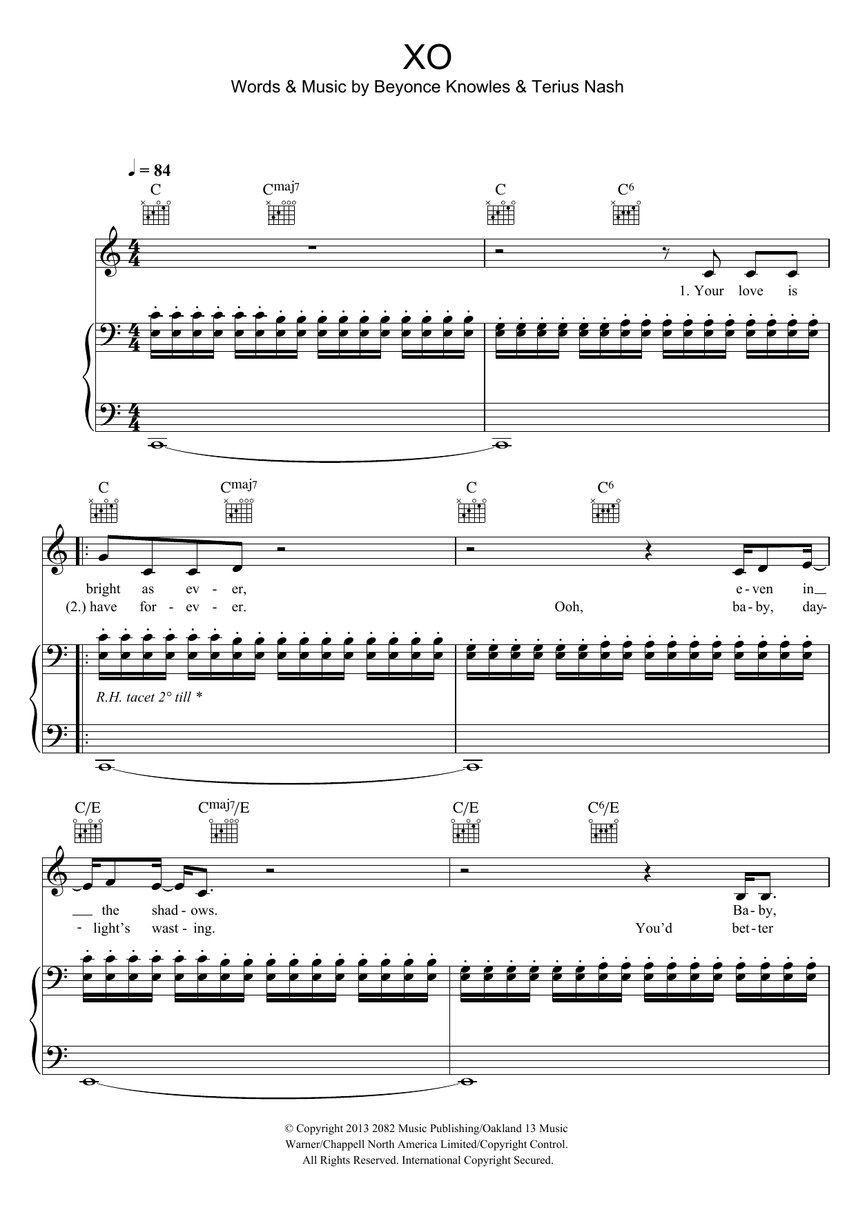 Beyoncé XO sheet music notes and chords arranged for Piano, Vocal & Guitar Chords (Right-Hand Melody)