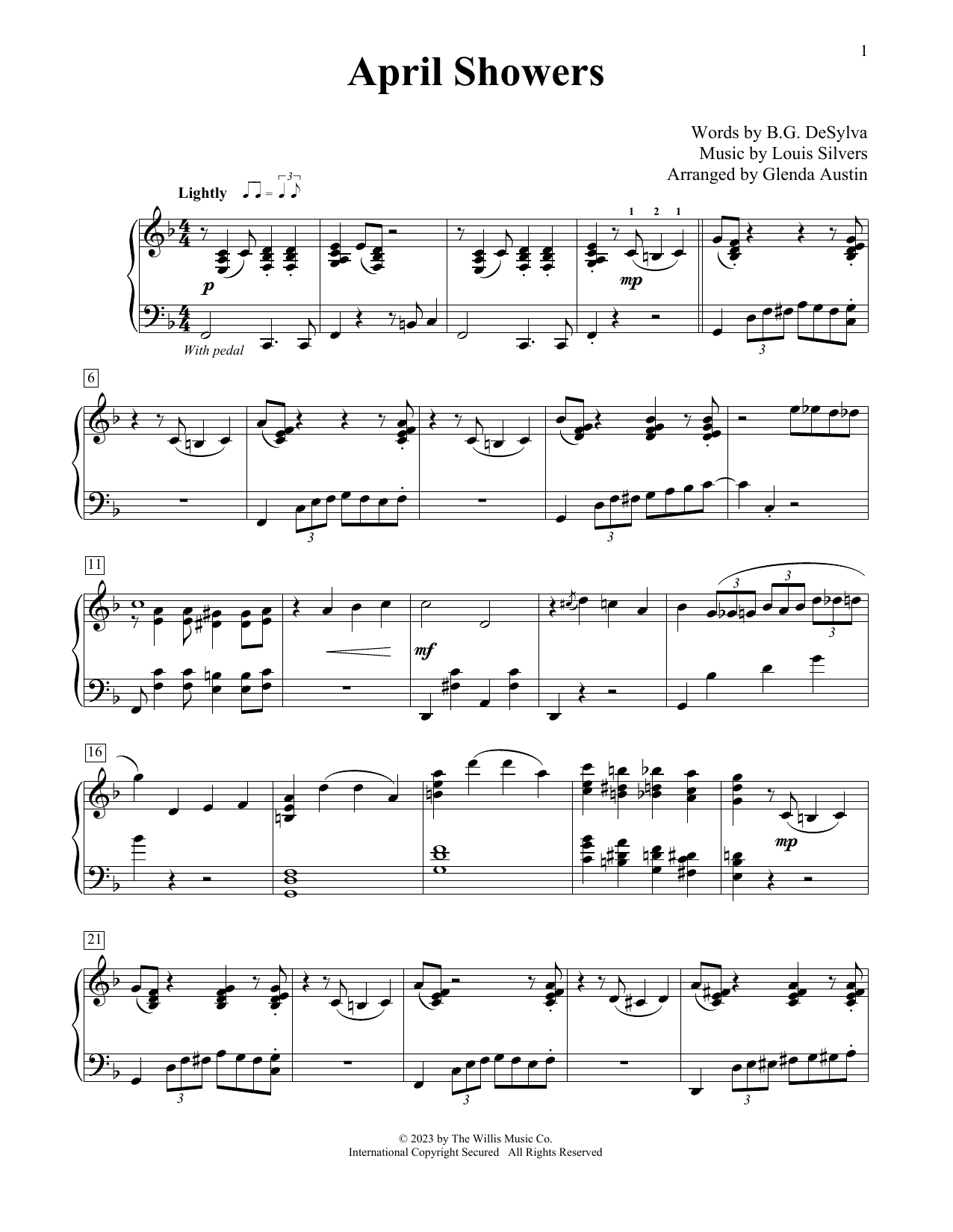 B.G. DeSylva April Showers (arr. Glenda Austin) sheet music notes and chords arranged for Educational Piano