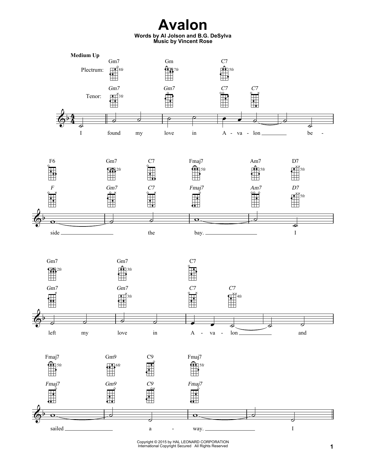 Al Jolson Avalon sheet music notes and chords arranged for Banjo Tab