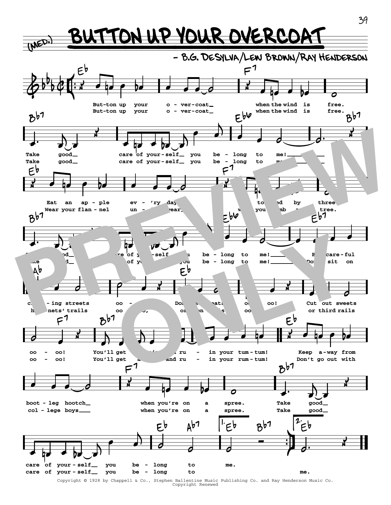 B.G. DeSylva Button Up Your Overcoat (Low Voice) sheet music notes and chords arranged for Real Book – Melody, Lyrics & Chords