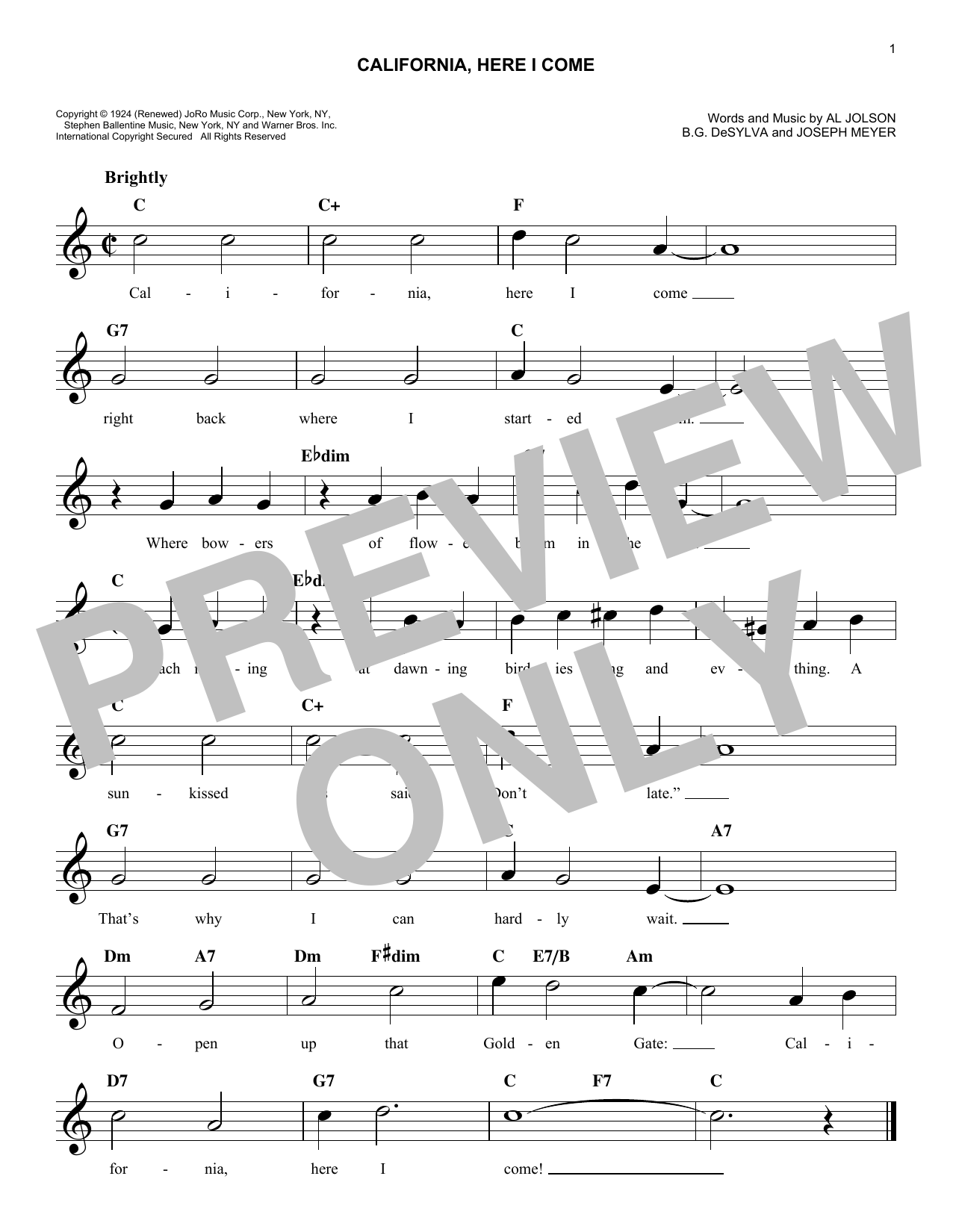 Buddy DeSylva California, Here I Come sheet music notes and chords arranged for Lead Sheet / Fake Book