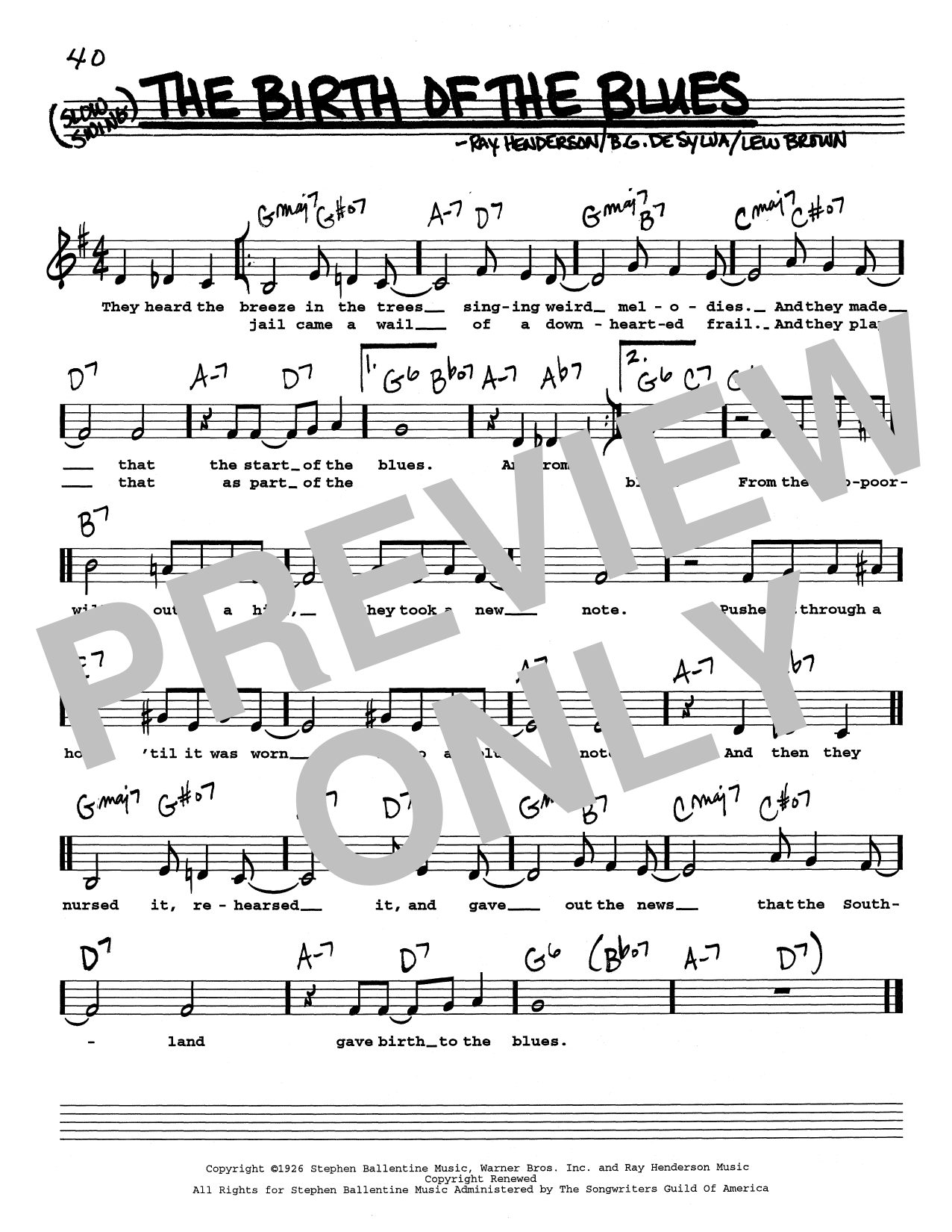 B.G. DeSylva The Birth Of The Blues (Low Voice) sheet music notes and chords arranged for Real Book – Melody, Lyrics & Chords
