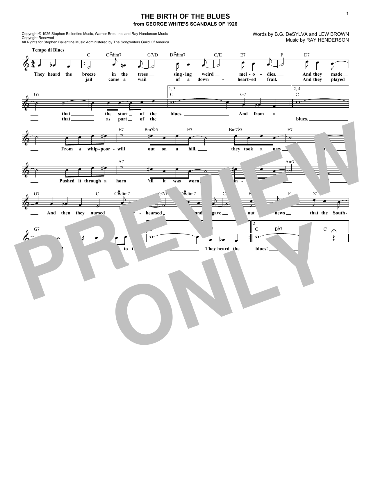 Lew Brown The Birth Of The Blues sheet music notes and chords arranged for Lead Sheet / Fake Book