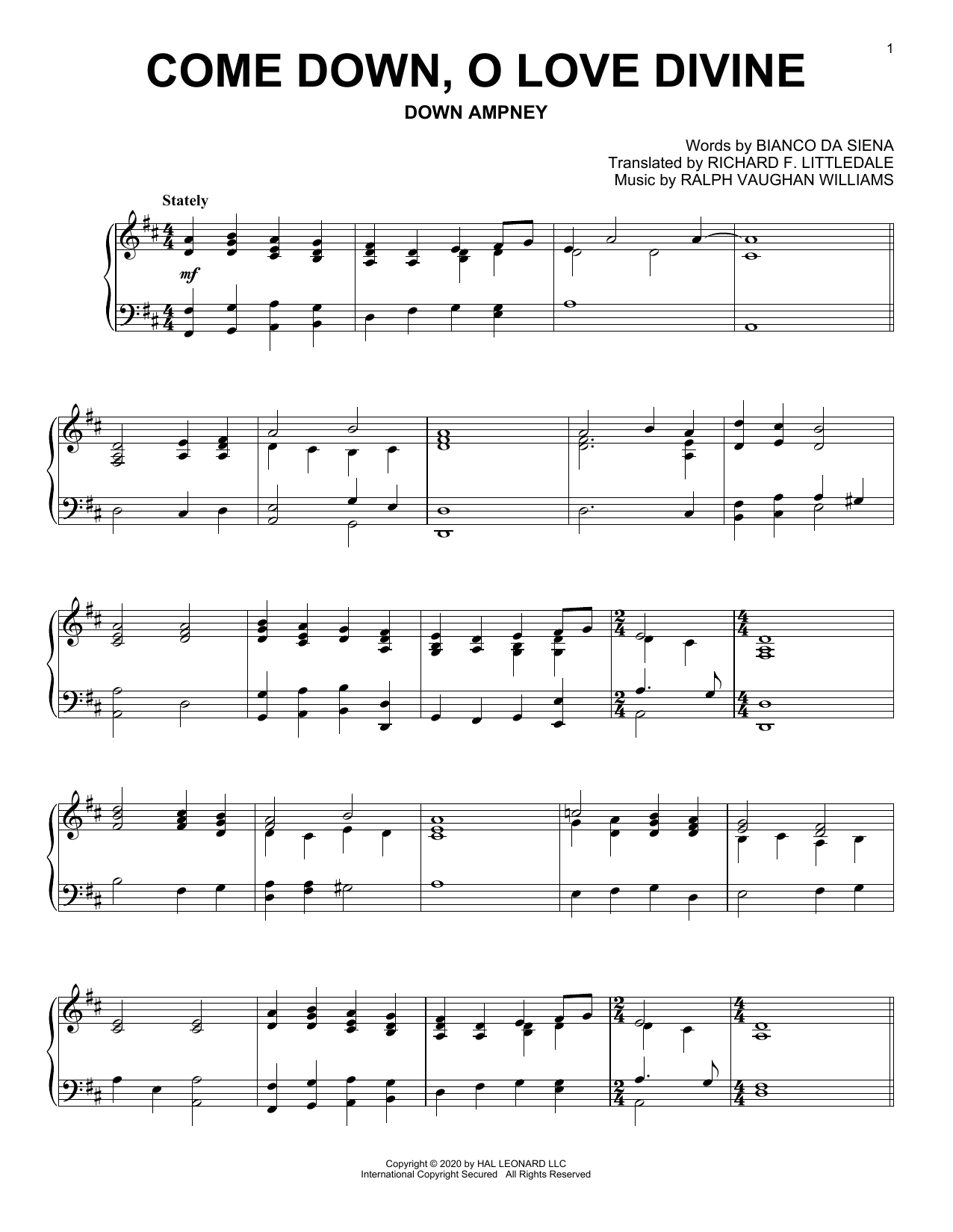 Bianco da Siena and Ralph Vaughan Williams Come Down, O Love Divine sheet music notes and chords arranged for Piano Solo