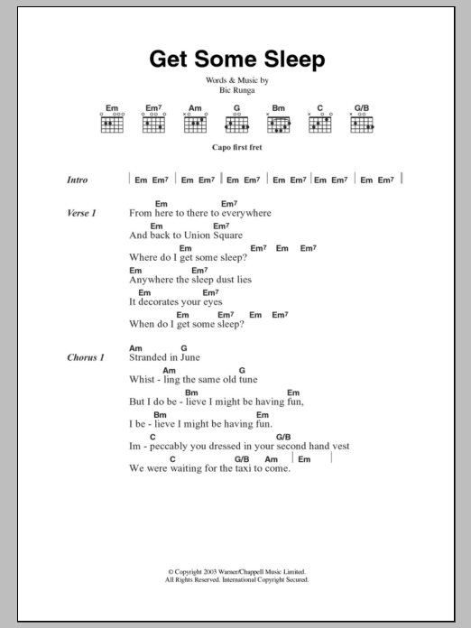 Bic Runga Get Some Sleep sheet music notes and chords arranged for Guitar Chords/Lyrics