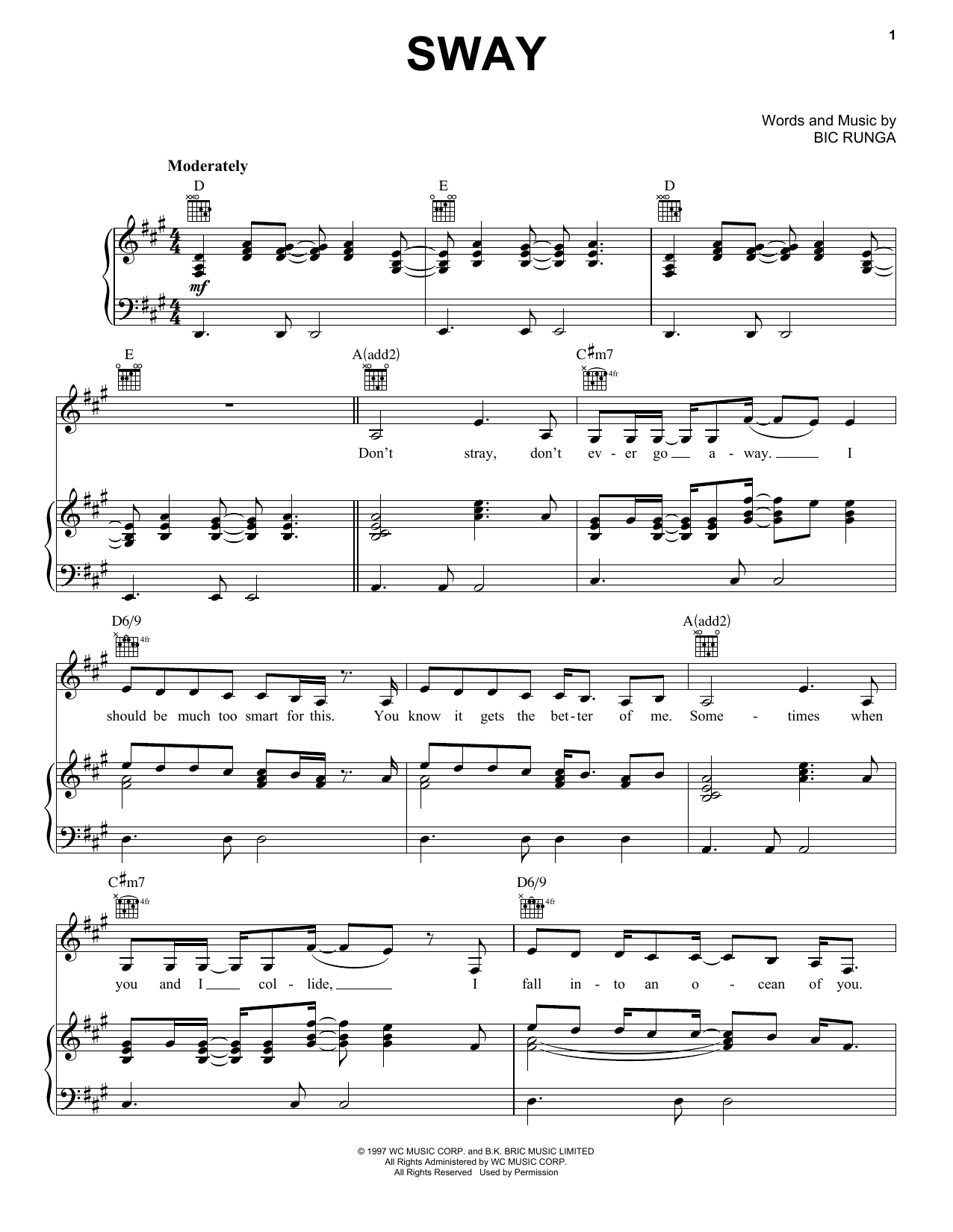 Bic Runga Sway sheet music notes and chords arranged for Piano, Vocal & Guitar Chords (Right-Hand Melody)