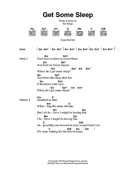 Bic Runga Get Some Sleep sheet music notes and chords arranged for Guitar Chords/Lyrics