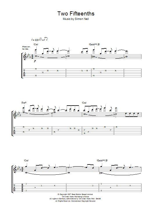 Biffy Clyro 2/15ths (Two Fifteenths) sheet music notes and chords arranged for Guitar Tab