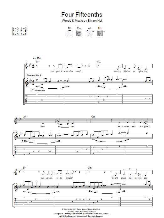 Biffy Clyro 4/15ths (Four Fifteenths) sheet music notes and chords arranged for Guitar Tab