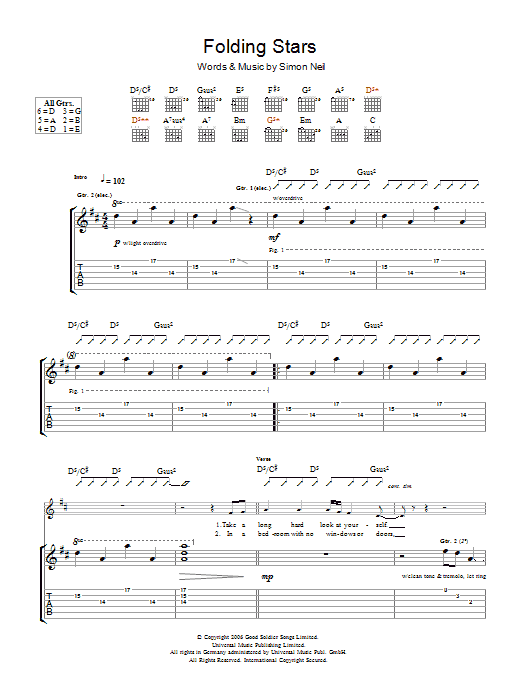 Biffy Clyro Folding Stars sheet music notes and chords arranged for Piano, Vocal & Guitar Chords