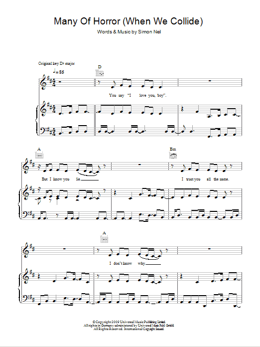 Biffy Clyro Many Of Horror (When We Collide) sheet music notes and chords arranged for Piano, Vocal & Guitar Chords (Right-Hand Melody)