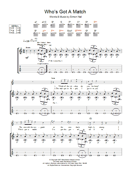 Biffy Clyro Who's Got A Match sheet music notes and chords arranged for Guitar Tab