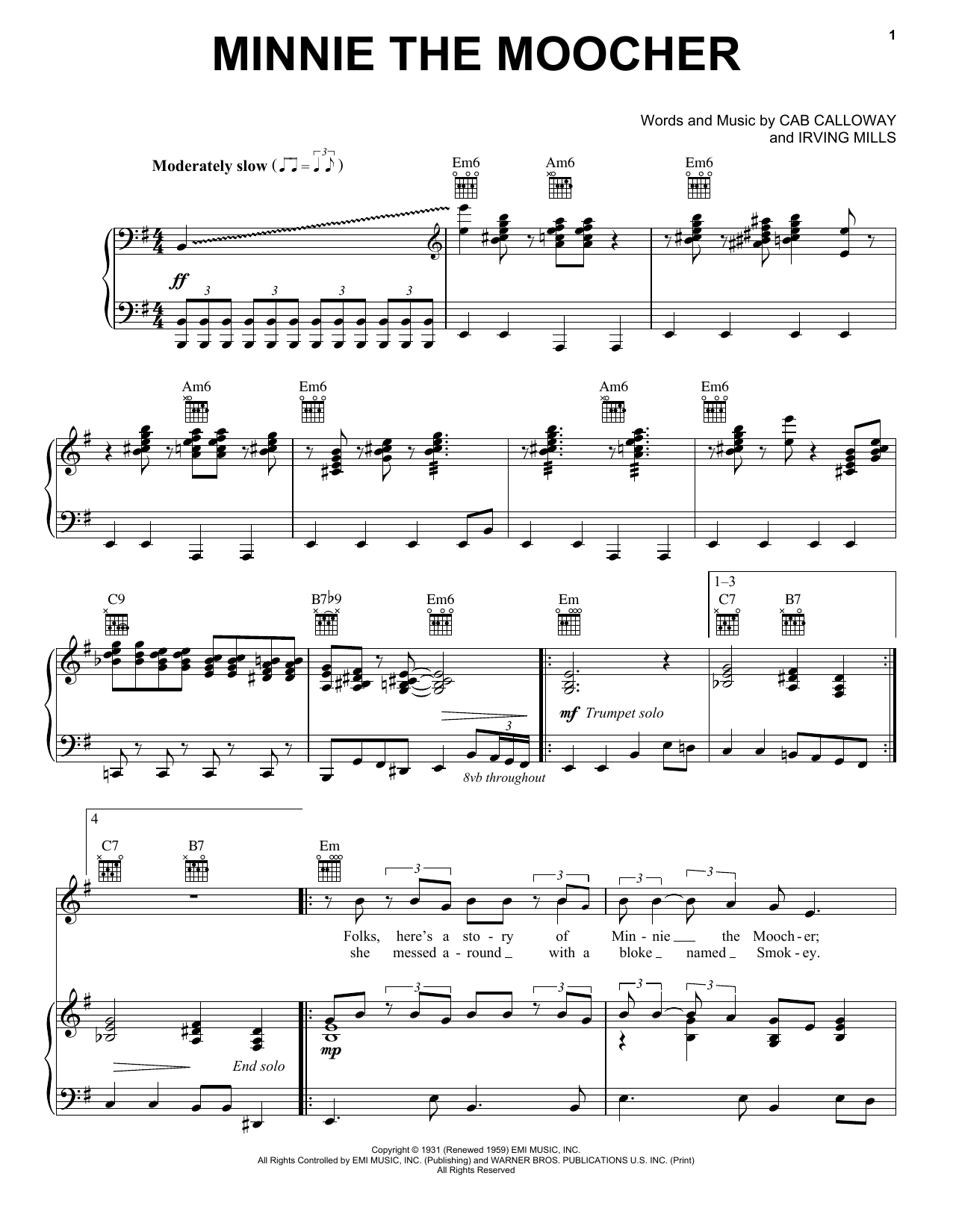Big Bad Voodoo Daddy Minnie The Moocher sheet music notes and chords arranged for Piano, Vocal & Guitar Chords (Right-Hand Melody)
