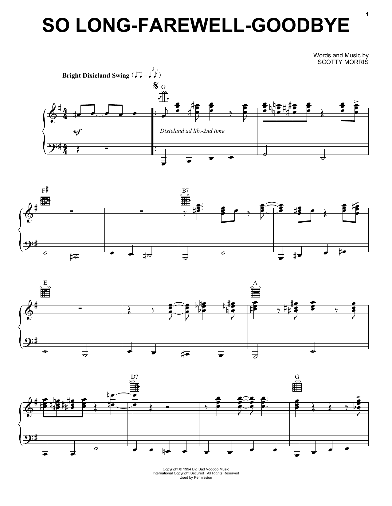 Big Bad Voodoo Daddy So Long-Farewell-Goodbye sheet music notes and chords arranged for Piano, Vocal & Guitar Chords (Right-Hand Melody)