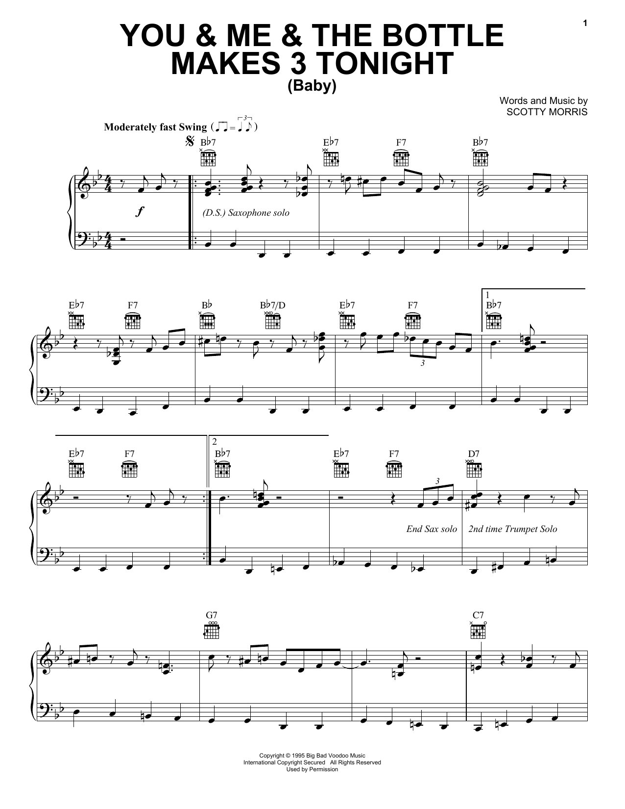 Big Bad Voodoo Daddy You & Me & The Bottle Makes 3 Tonight (Baby) sheet music notes and chords arranged for Piano, Vocal & Guitar Chords (Right-Hand Melody)