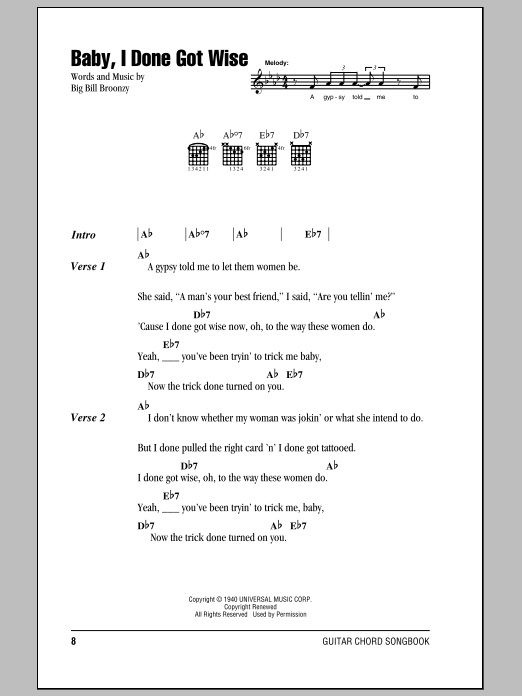 Big Bill Broonzy Baby, I Done Got Wise sheet music notes and chords arranged for Guitar Chords/Lyrics