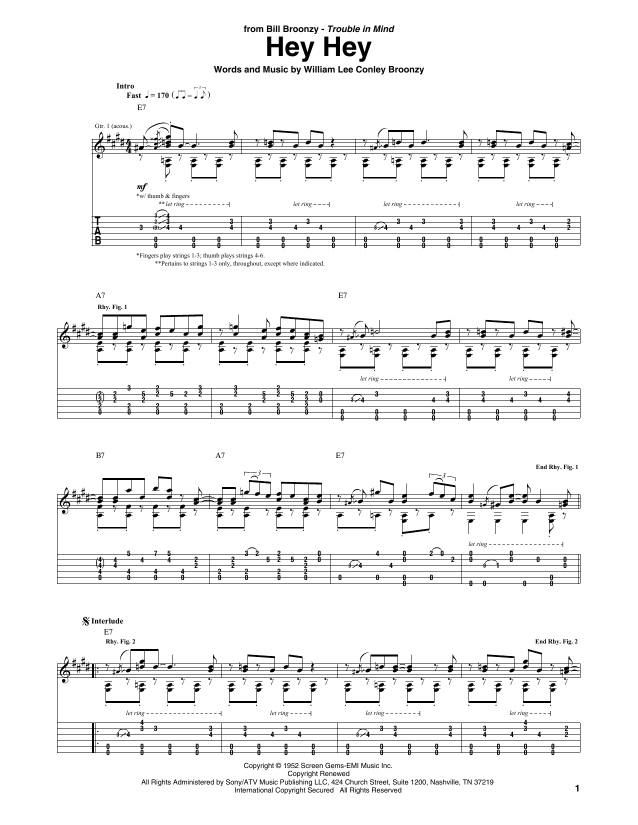 Big Bill Broonzy Hey Hey sheet music notes and chords arranged for Guitar Tab