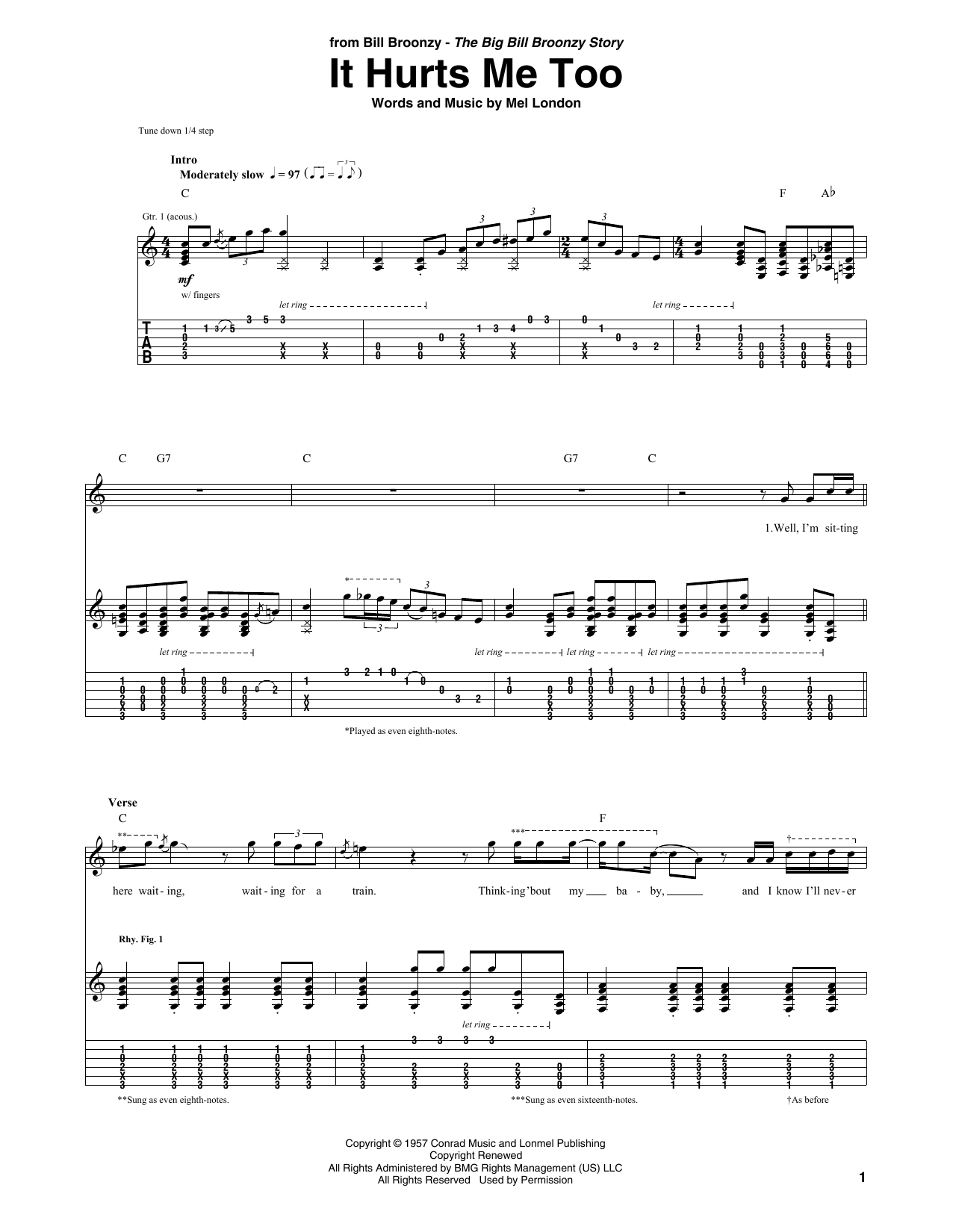 Big Bill Broonzy It Hurts Me Too sheet music notes and chords arranged for Guitar Tab