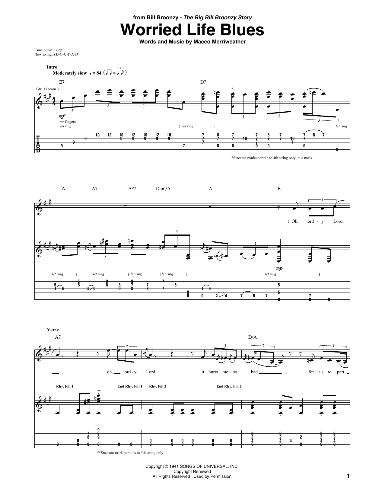 Big Bill Broonzy Worried Life Blues sheet music notes and chords arranged for Guitar Tab