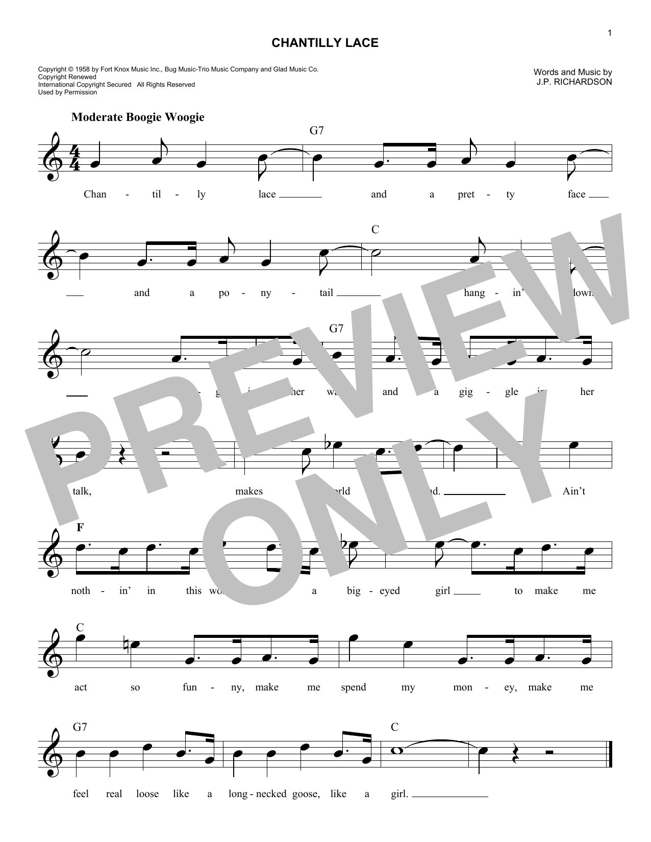 Big Bopper Chantilly Lace sheet music notes and chords arranged for Easy Piano