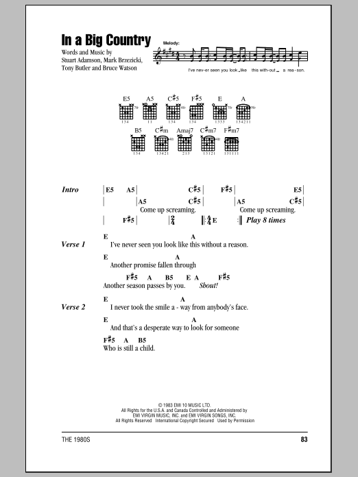 Big Country In A Big Country sheet music notes and chords arranged for Piano, Vocal & Guitar Chords (Right-Hand Melody)