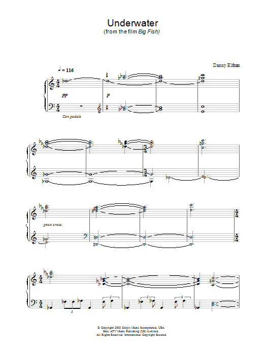 Big Fish Underwater sheet music notes and chords arranged for Piano Solo