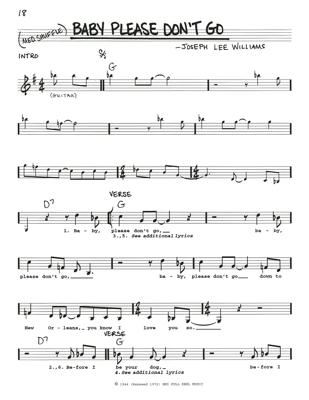 Big Joe Williams Baby Please Don't Go sheet music notes and chords arranged for Real Book – Melody, Lyrics & Chords