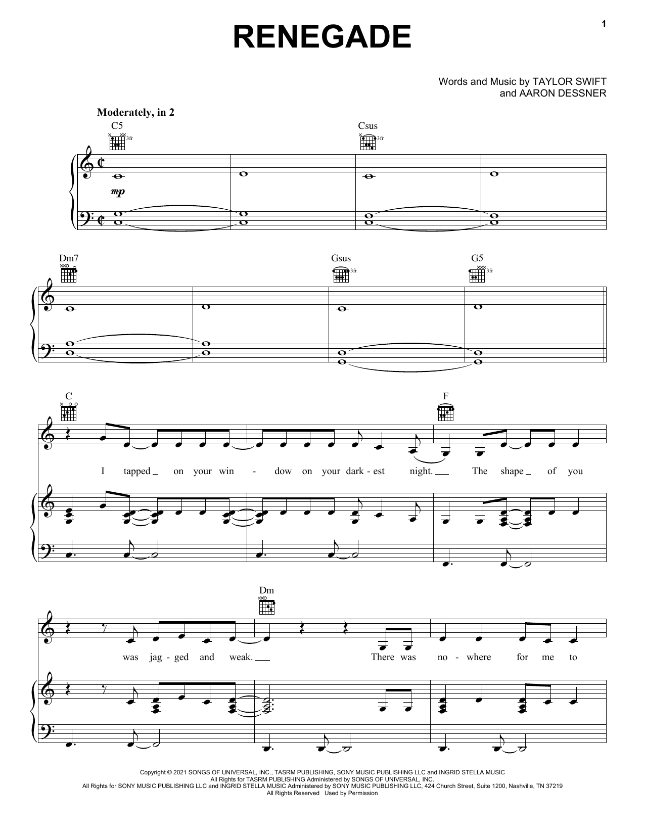 Big Red Machine Renegade (feat. Taylor Swift) sheet music notes and chords arranged for Piano, Vocal & Guitar Chords (Right-Hand Melody)