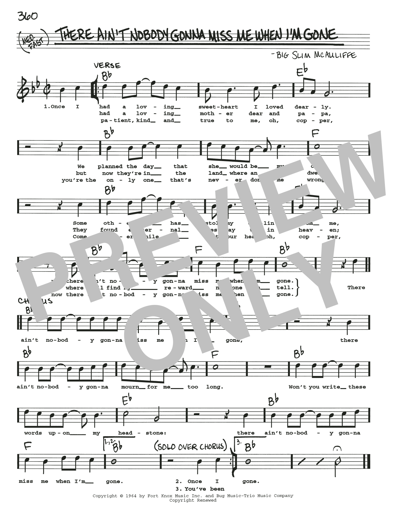 Big Slim McAuliffe There Ain't Nobody Gonna Miss Me When I'm Gone sheet music notes and chords arranged for Real Book – Melody, Lyrics & Chords