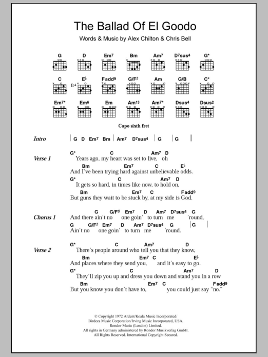 Big Star The Ballad Of El Goodo sheet music notes and chords arranged for Guitar Chords/Lyrics