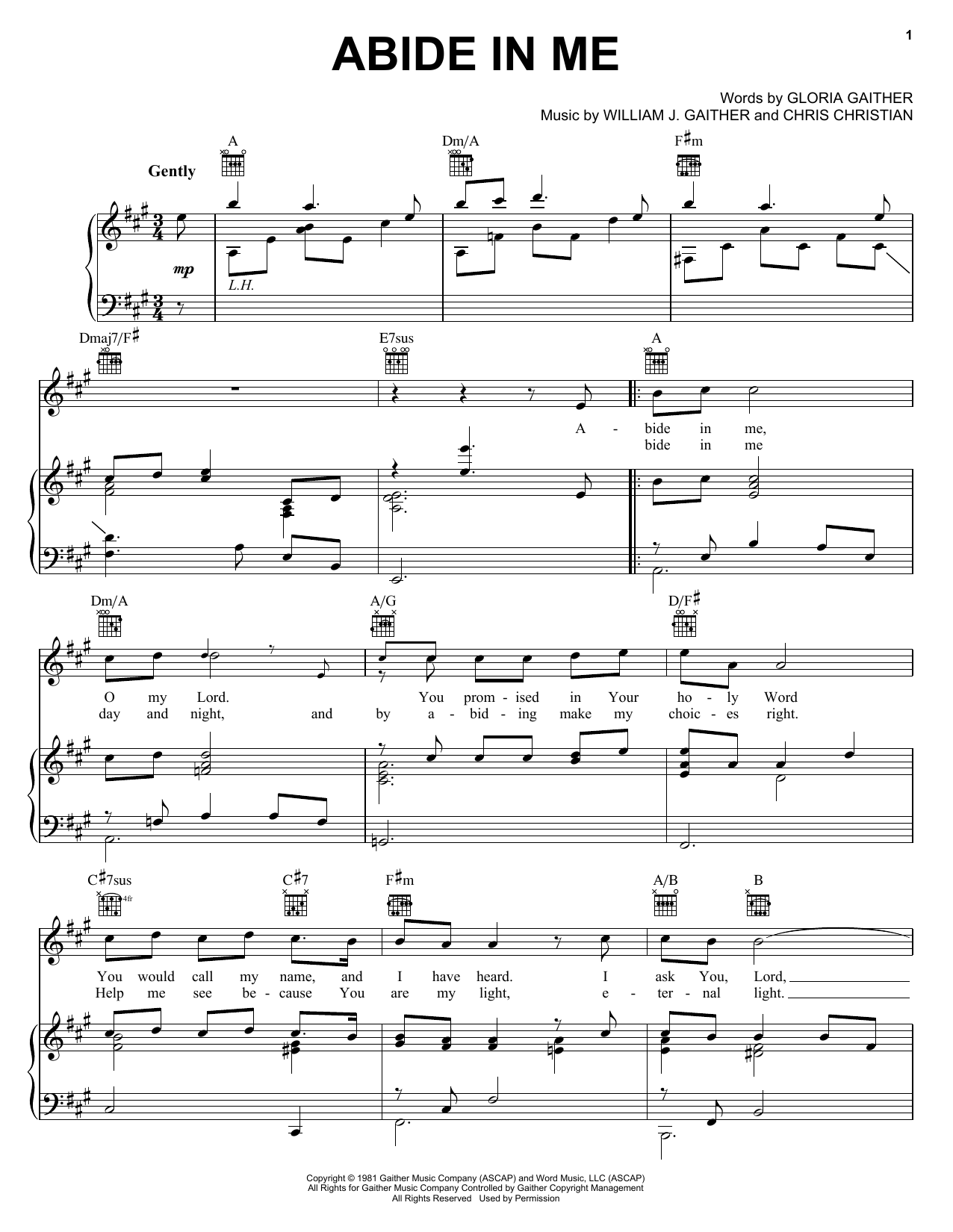 Bill & Gloria Gaither Abide In Me sheet music notes and chords arranged for Piano, Vocal & Guitar Chords (Right-Hand Melody)