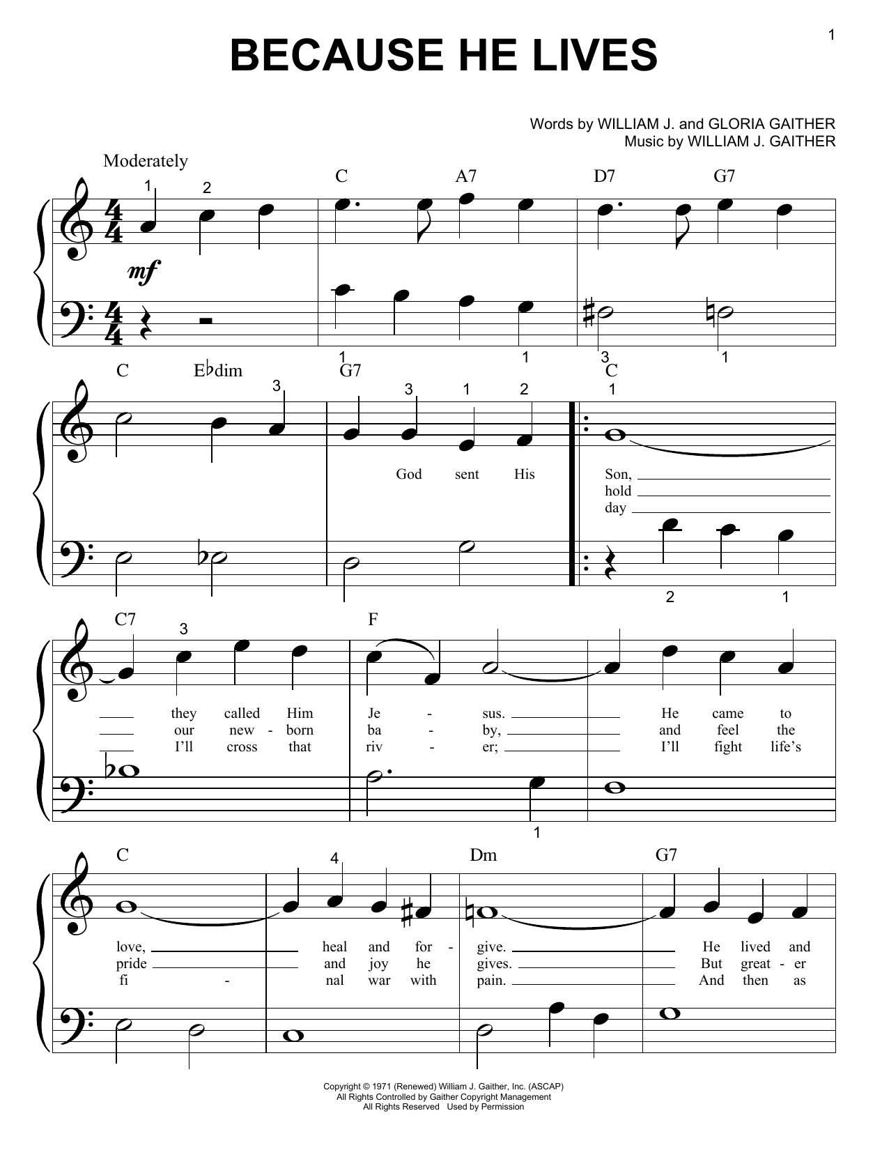 Bill & Gloria Gaither Because He Lives sheet music notes and chords arranged for Easy Guitar