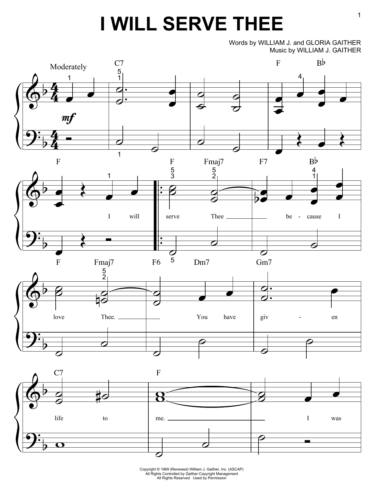 Bill & Gloria Gaither I Will Serve Thee sheet music notes and chords arranged for Big Note Piano