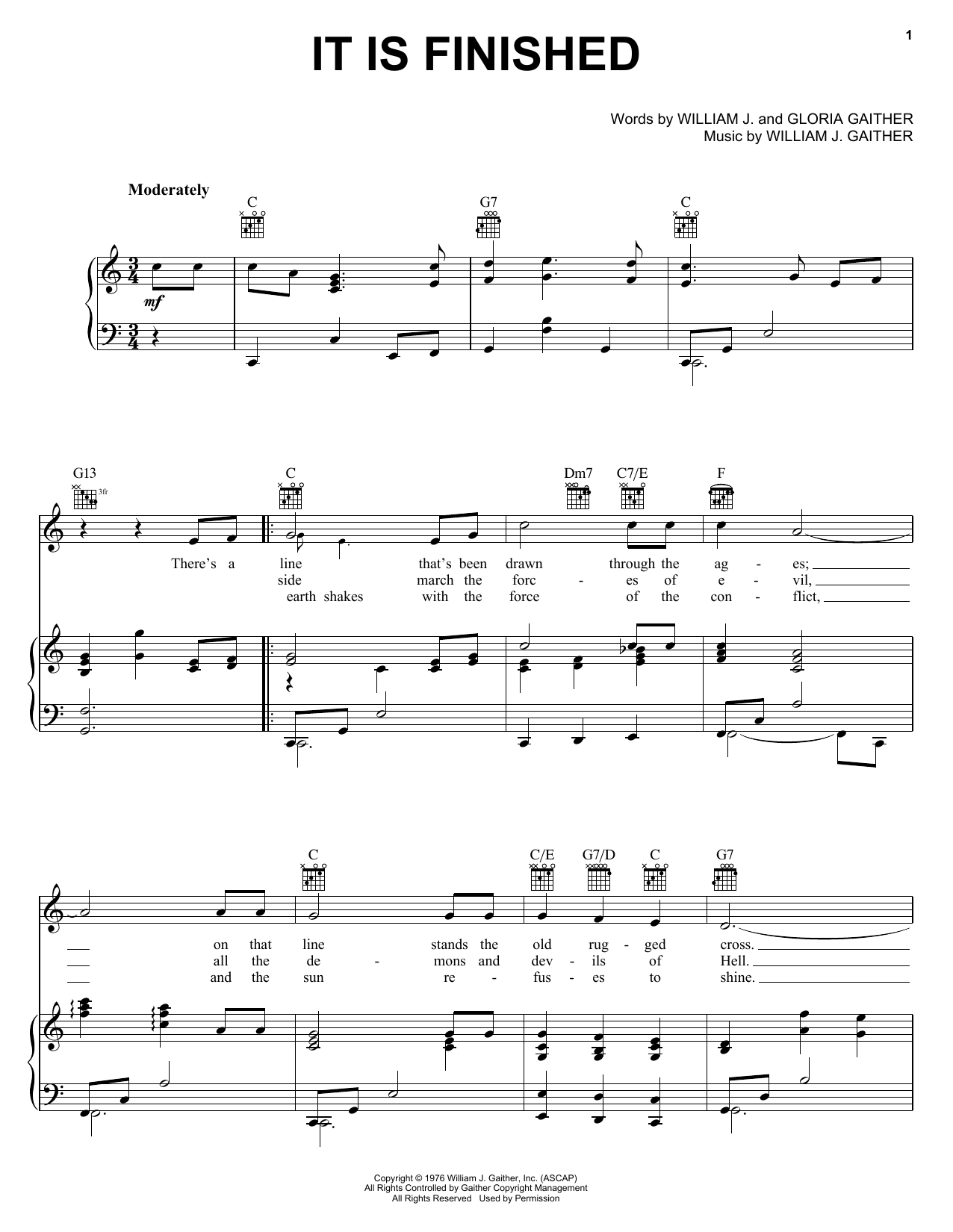 Bill & Gloria Gaither It Is Finished sheet music notes and chords arranged for Piano, Vocal & Guitar Chords (Right-Hand Melody)
