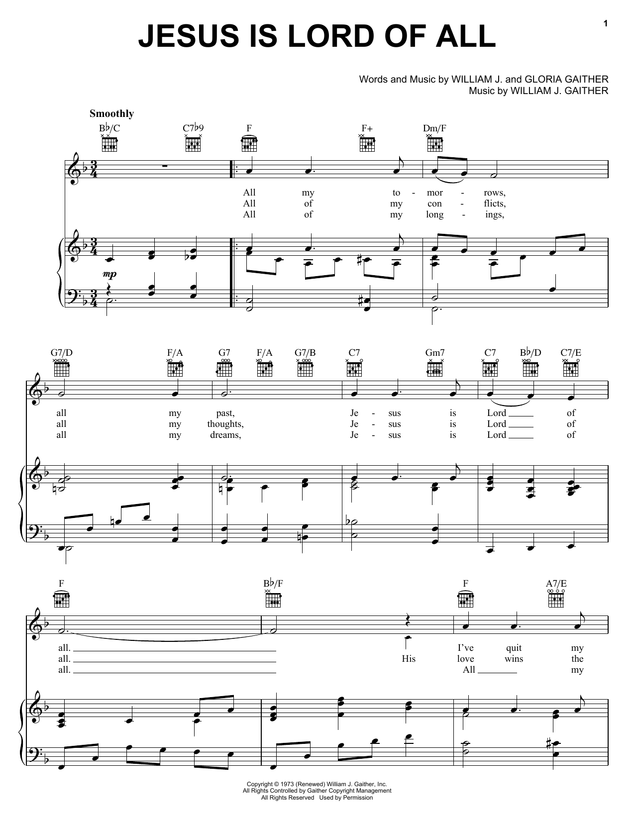Bill & Gloria Gaither Jesus Is Lord Of All sheet music notes and chords arranged for Piano, Vocal & Guitar Chords (Right-Hand Melody)