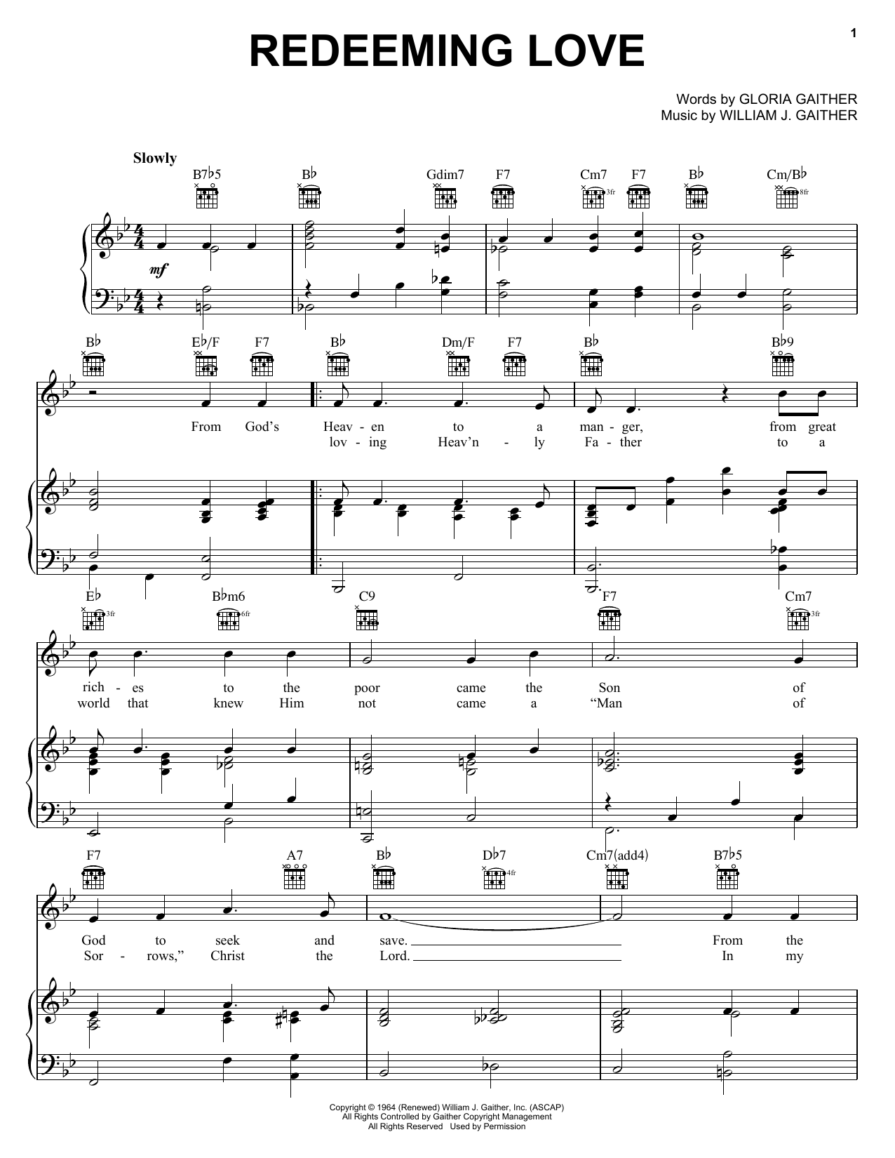 Bill & Gloria Gaither Redeeming Love sheet music notes and chords arranged for Piano, Vocal & Guitar Chords (Right-Hand Melody)