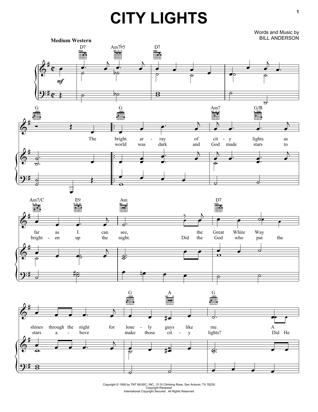 Bill Anderson City Lights sheet music notes and chords arranged for Piano, Vocal & Guitar Chords (Right-Hand Melody)